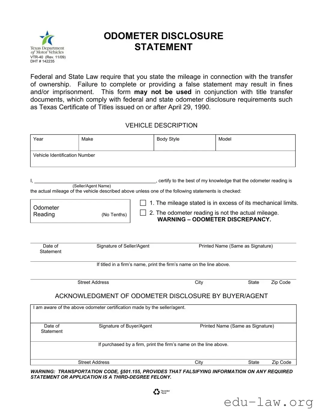 Fill in Your Texas Odometer Statement Template