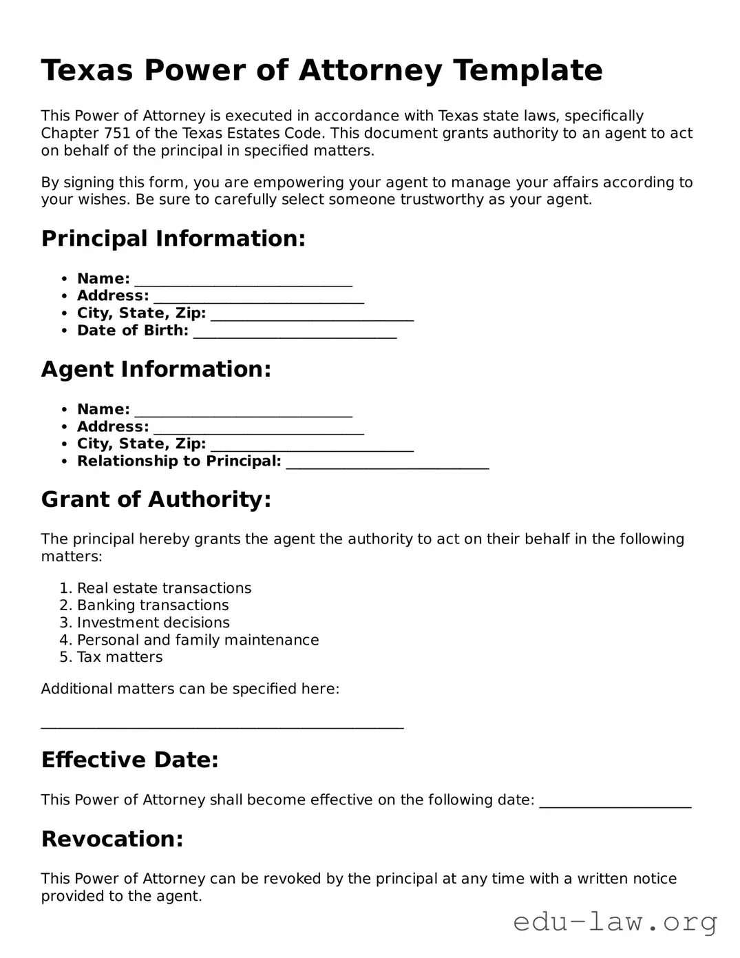 Legal  Power of Attorney Template for Texas