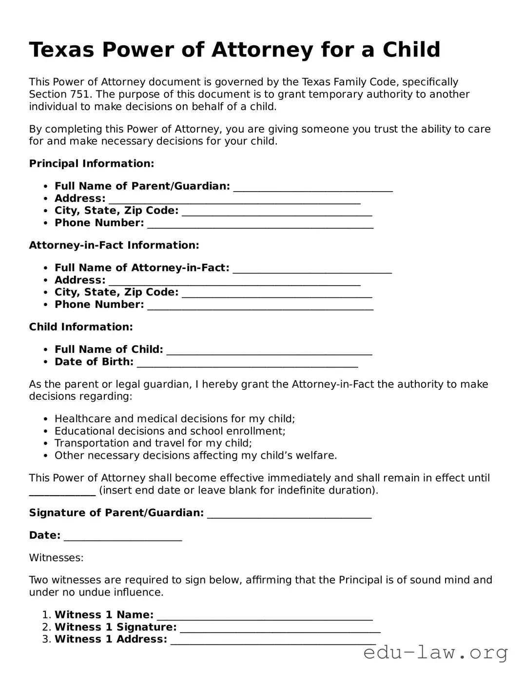 Legal  Power of Attorney for a Child Template for Texas