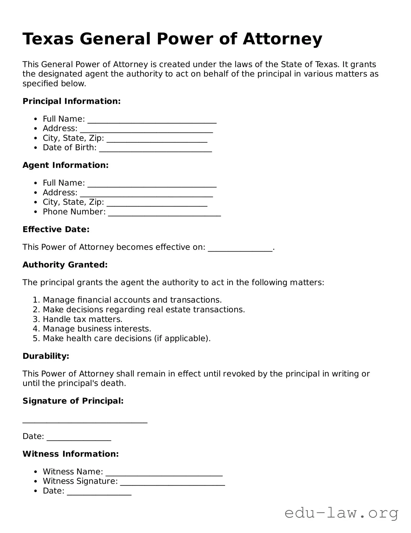 Legal  General Power of Attorney Template for Texas