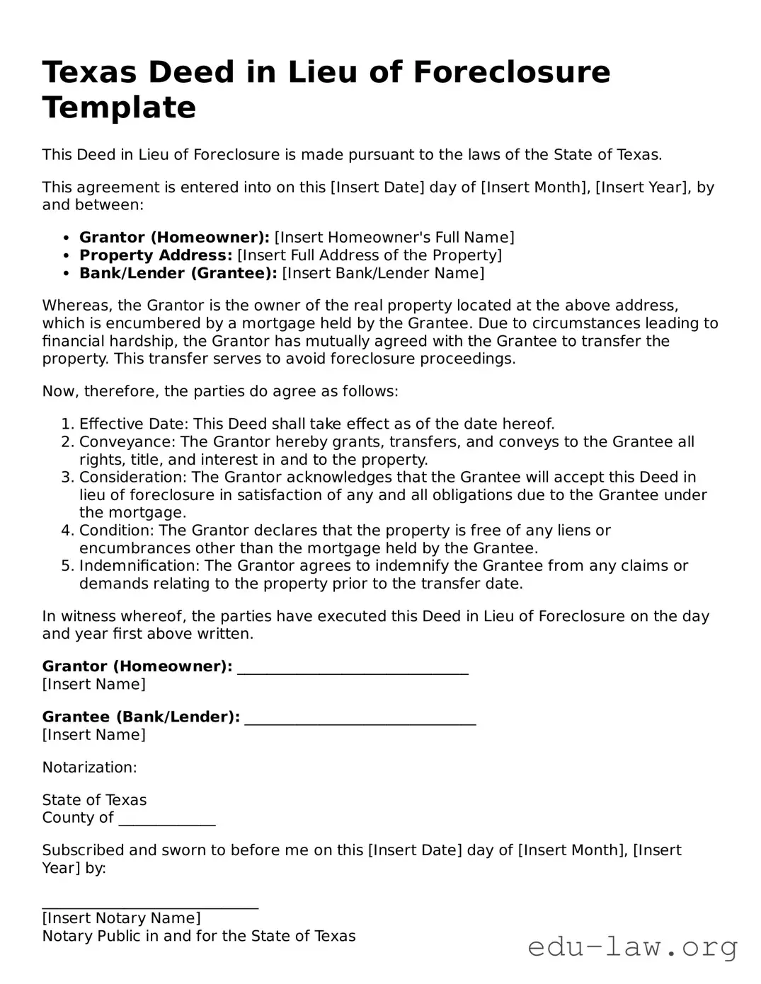 Legal  Deed in Lieu of Foreclosure Template for Texas