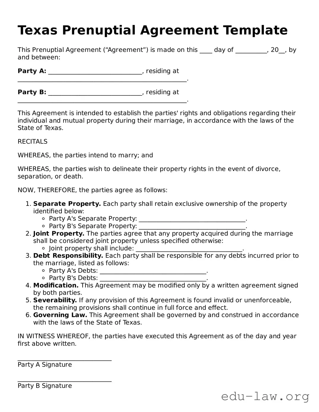 Legal  Prenuptial Agreement Template for Texas