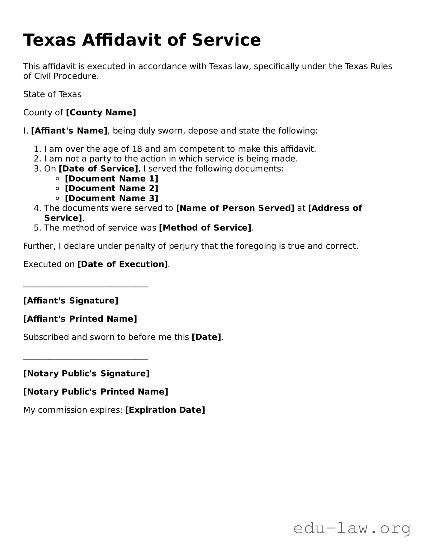 Legal  Affidavit of Service Template for Texas