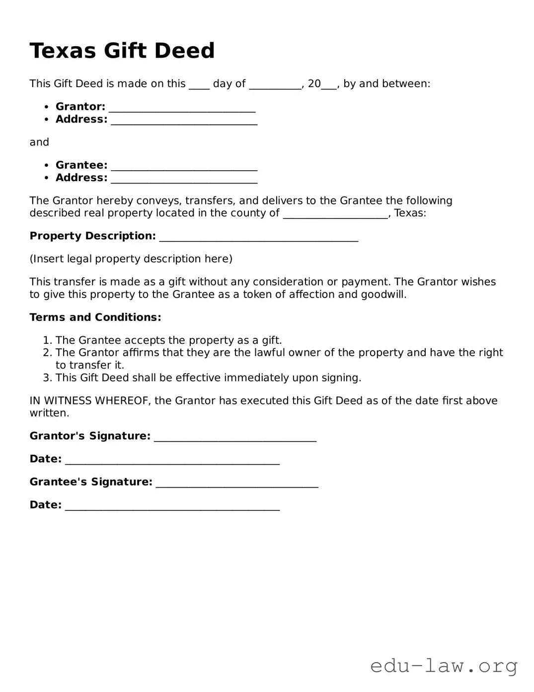 Legal  Gift Deed Template for Texas