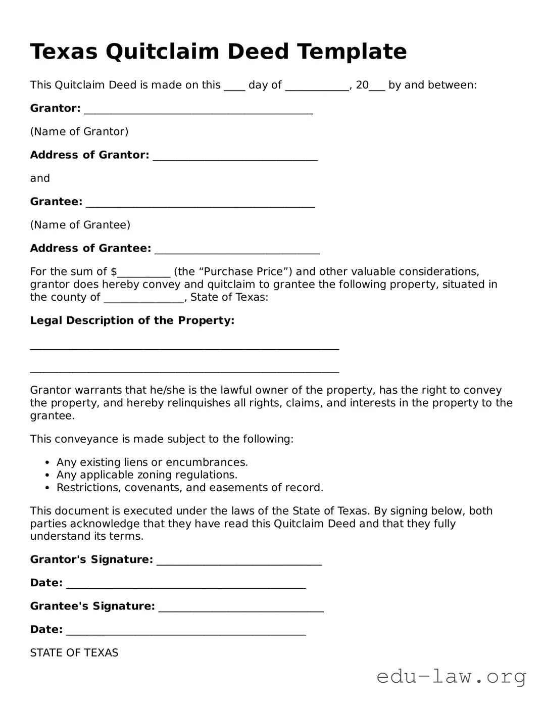 Legal  Quitclaim Deed Template for Texas