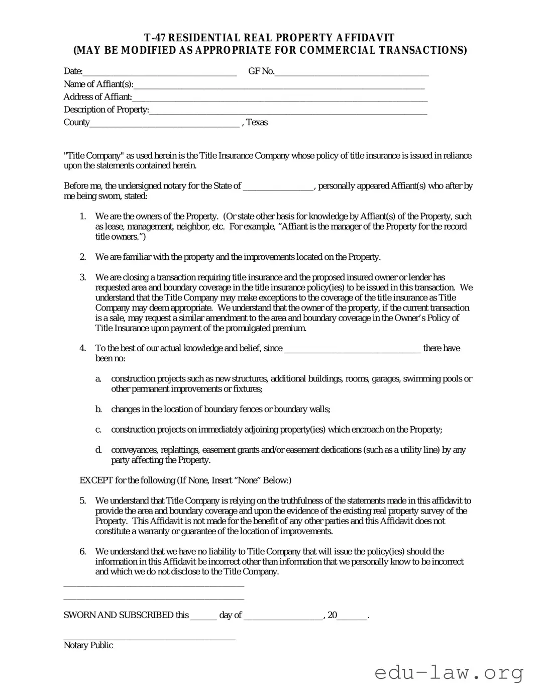 Fill in Your Texas residential property affidavit T-47 Template