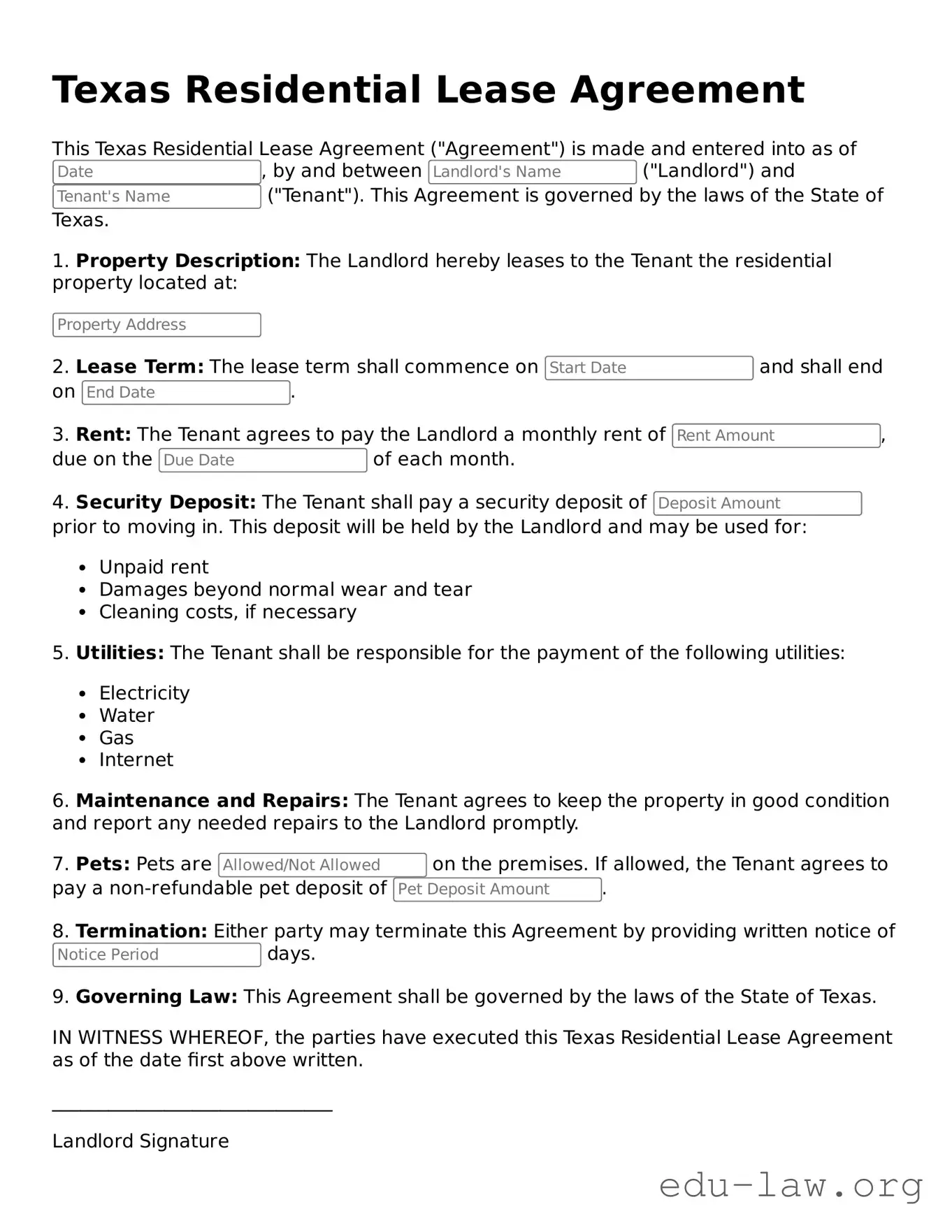 Legal  Residential Lease Agreement Template for Texas