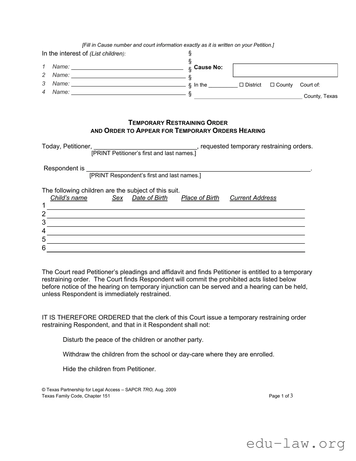 Fill in Your Texas Temporary Restraining Order Template