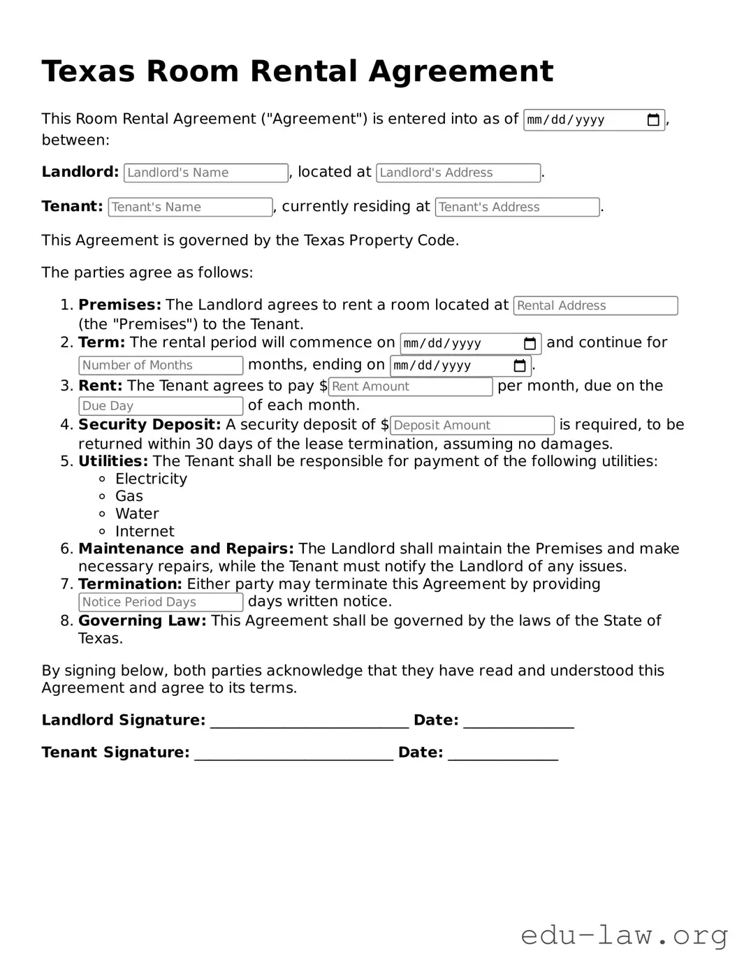 Legal  Room Rental Agreement Template for Texas
