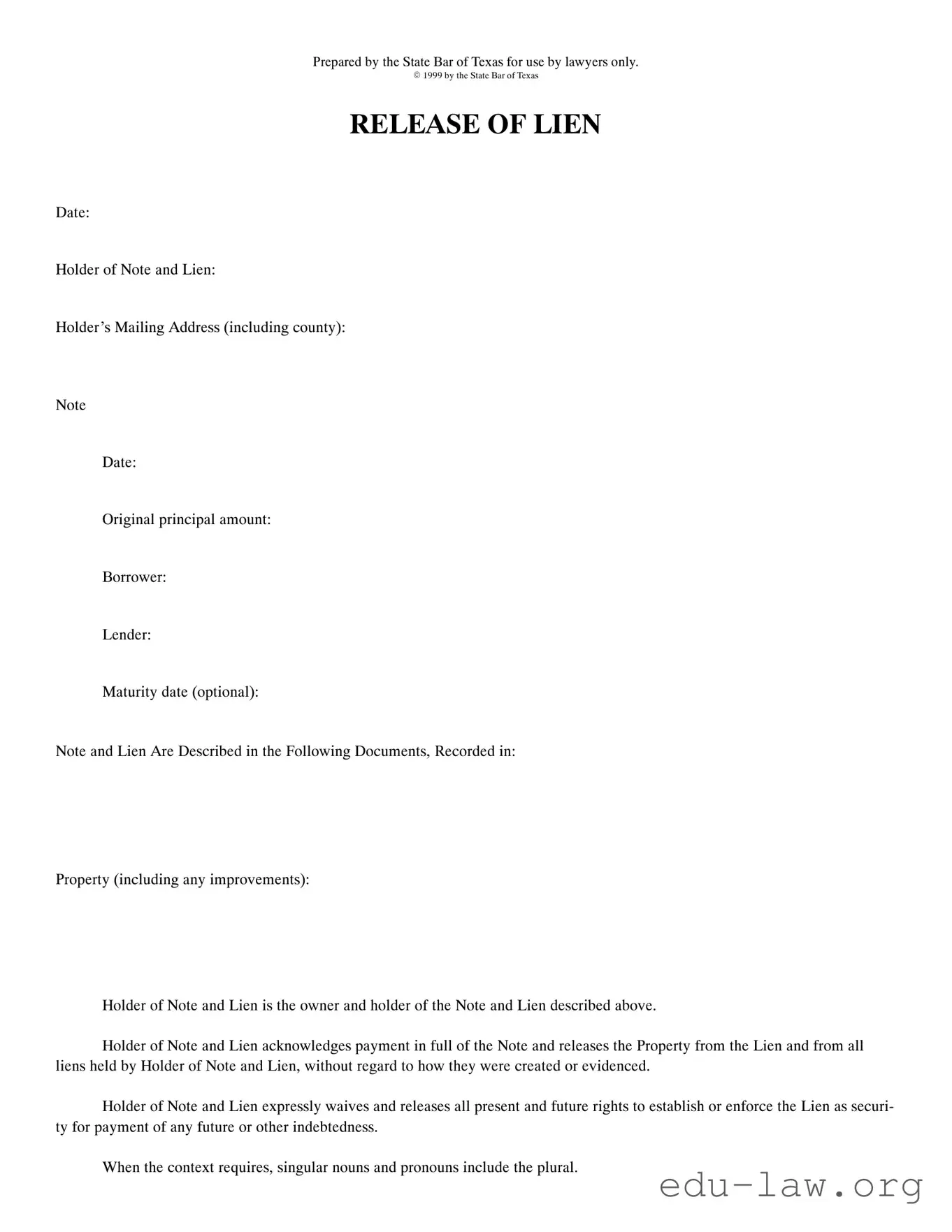 Fill in Your Release Of Lien Texas Template