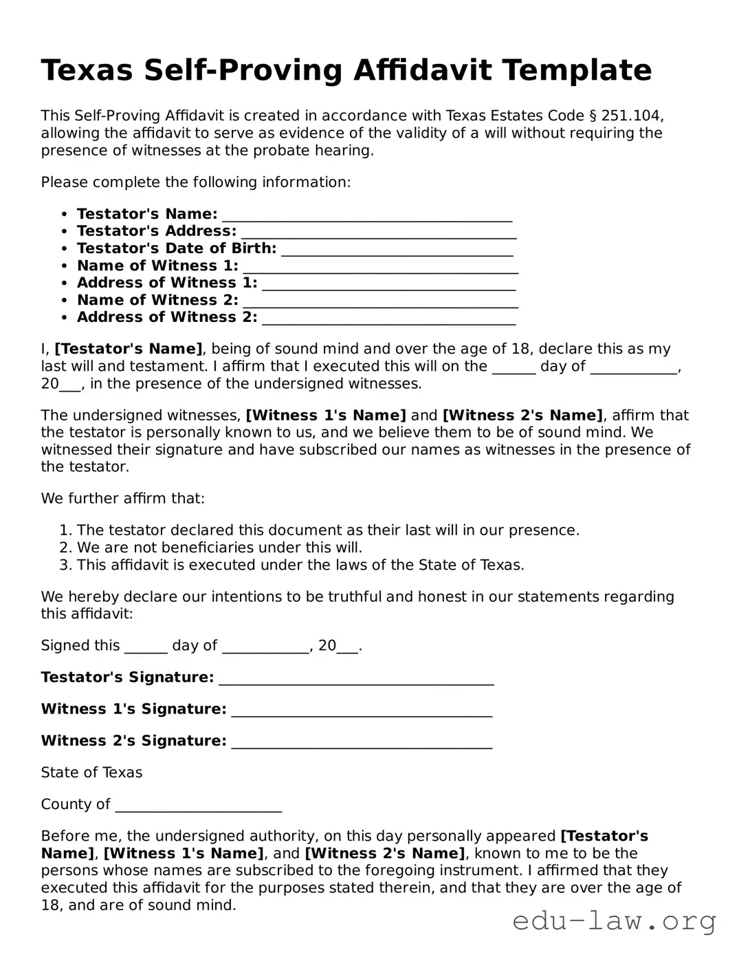 Legal  Self-Proving Affidavit Template for Texas