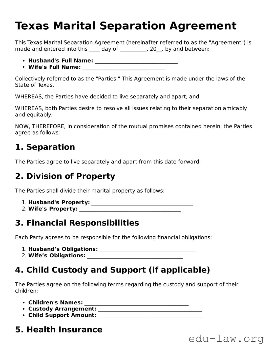 Legal  Marital Separation Agreement Template for Texas