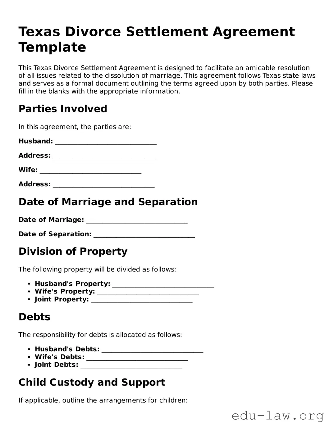 Legal  Divorce Settlement Agreement Template for Texas