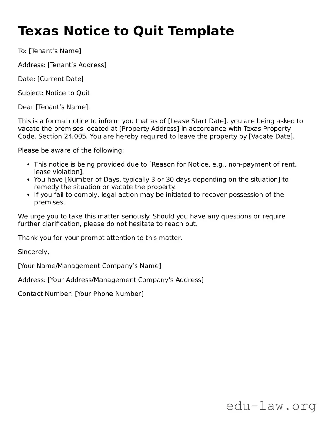 Legal  Notice to Quit Template for Texas