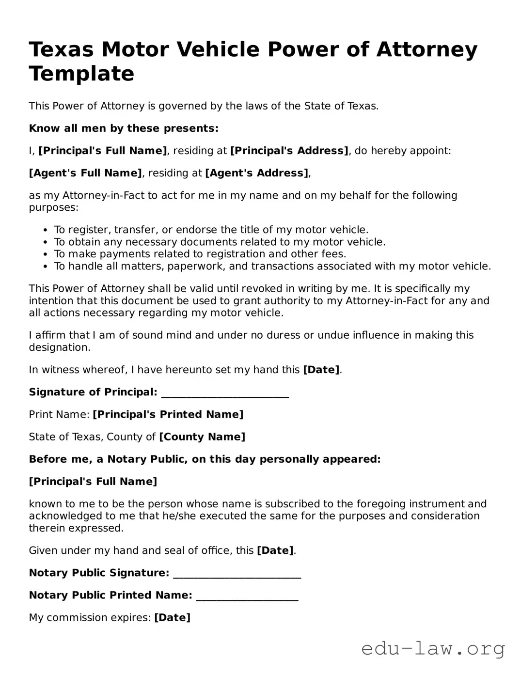 Legal  Motor Vehicle Power of Attorney Template for Texas