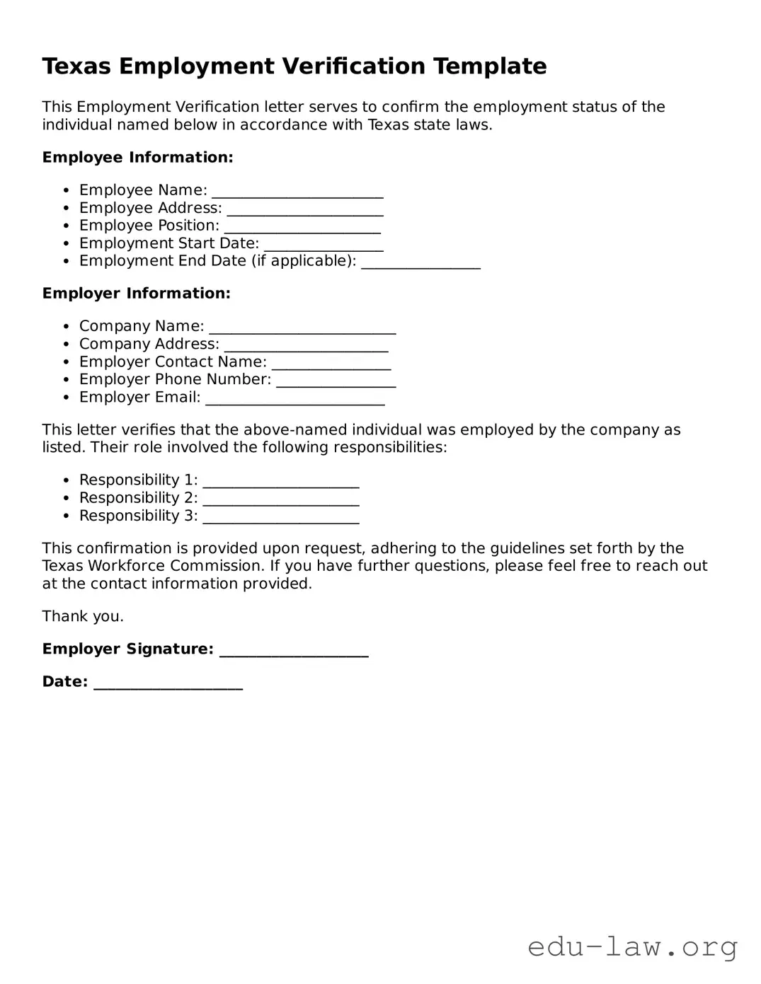 Legal  Employment Verification Template for Texas