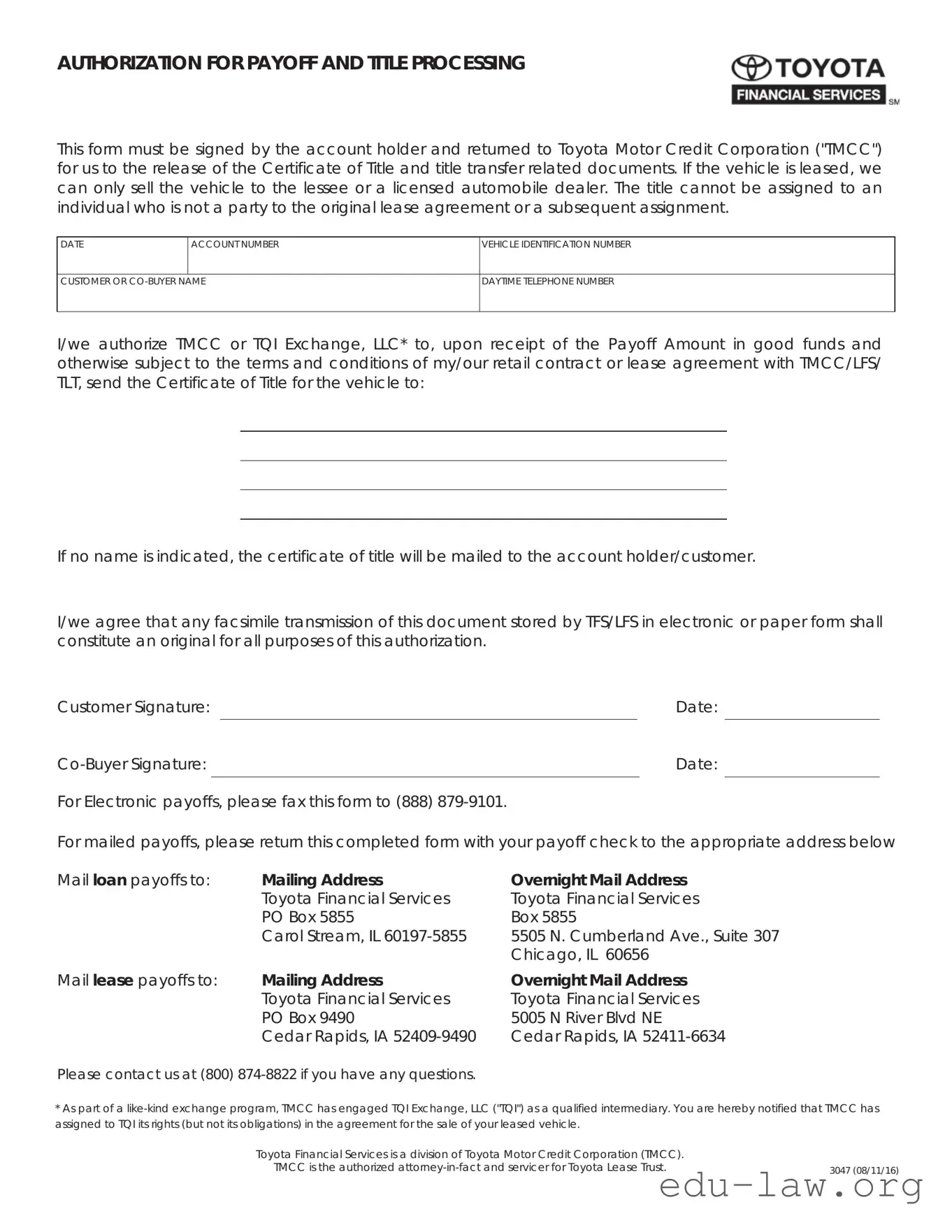 Fill in Your Toyota Finacial Payoff Template