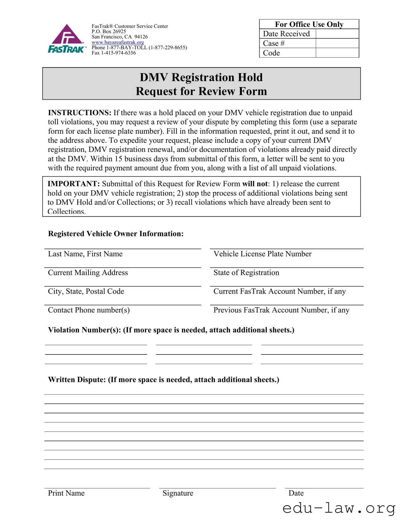 Fill in Your Fastrak Dmv Registration Hold Template