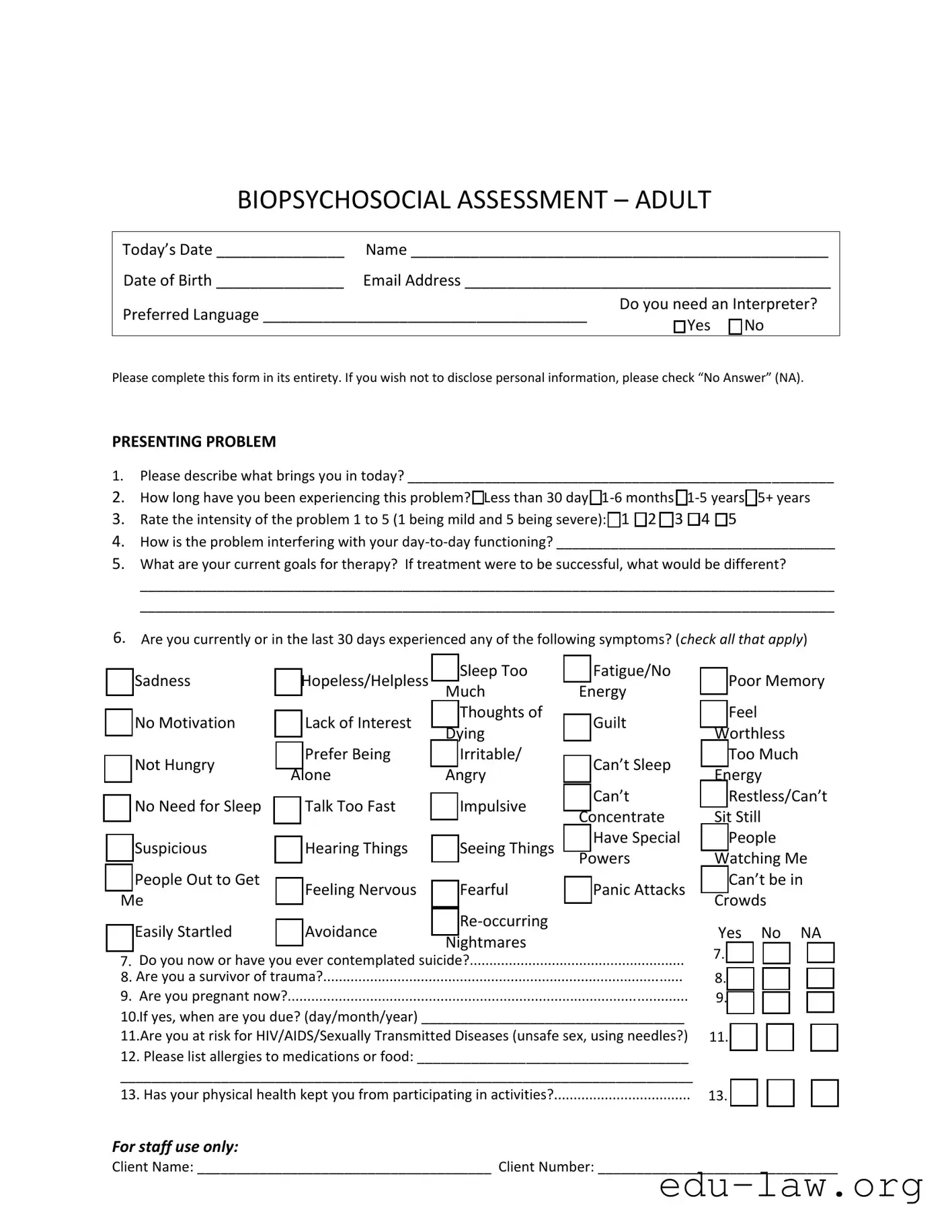 Fill in Your Biopsychosocial Assessment Social Work Template