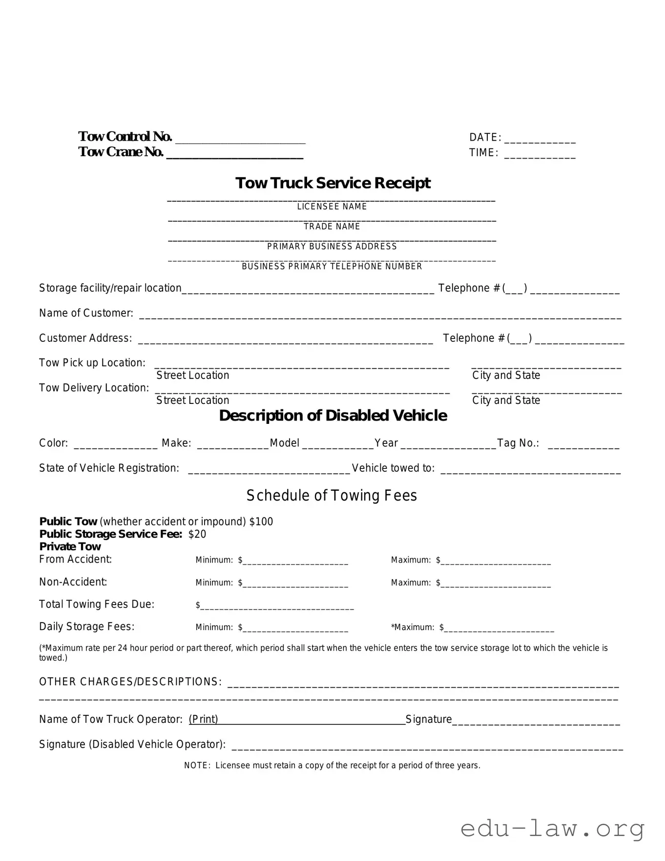 Fill in Your Tow Truck Receipt Template