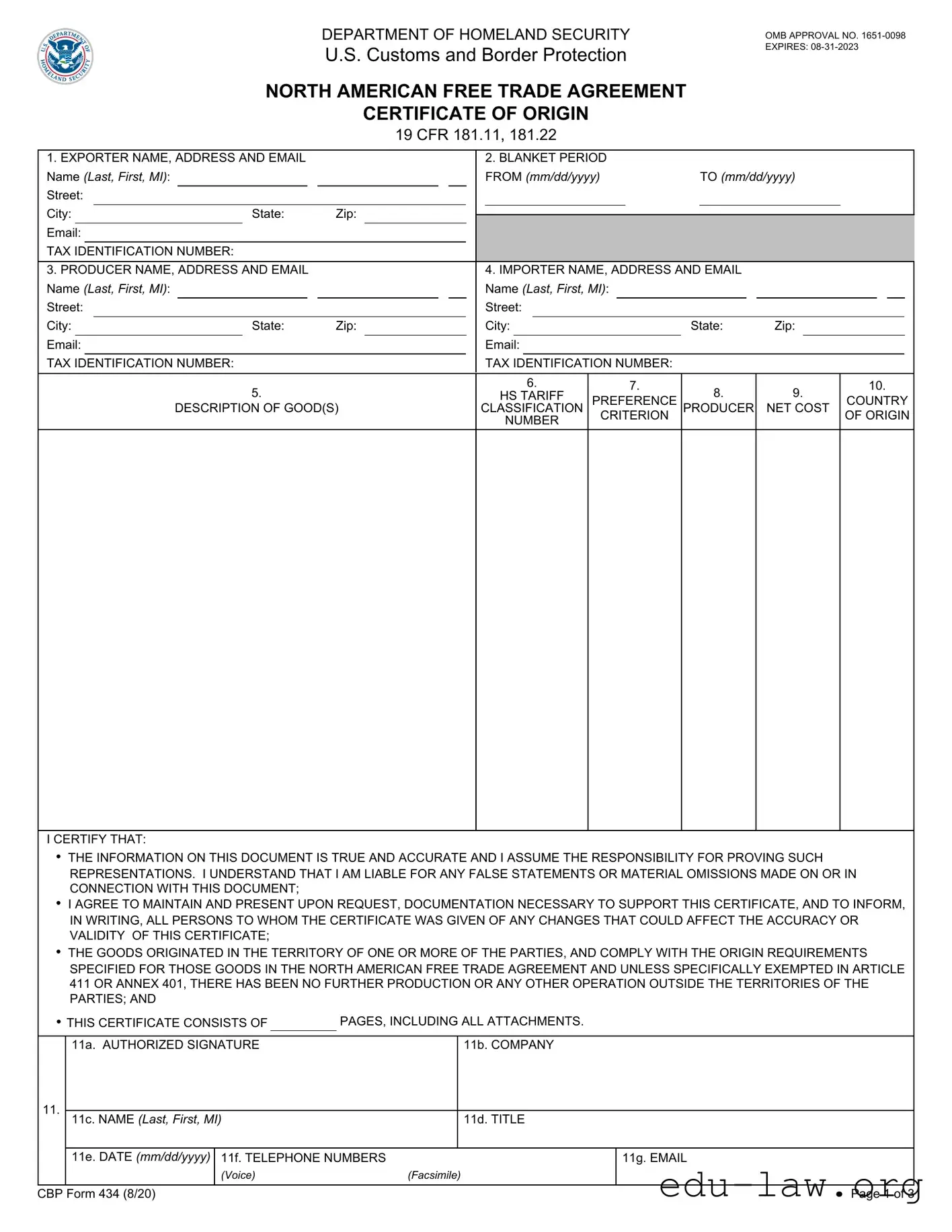 Fill in Your Cbp 434 Template
