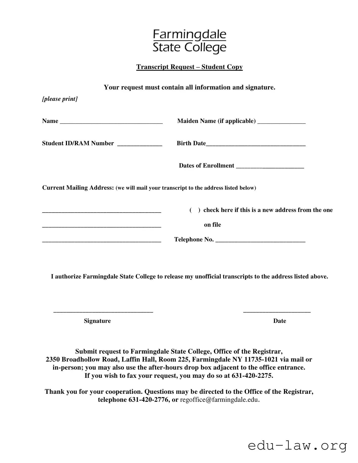 Fill in Your Farmingdale Transcript Request Template