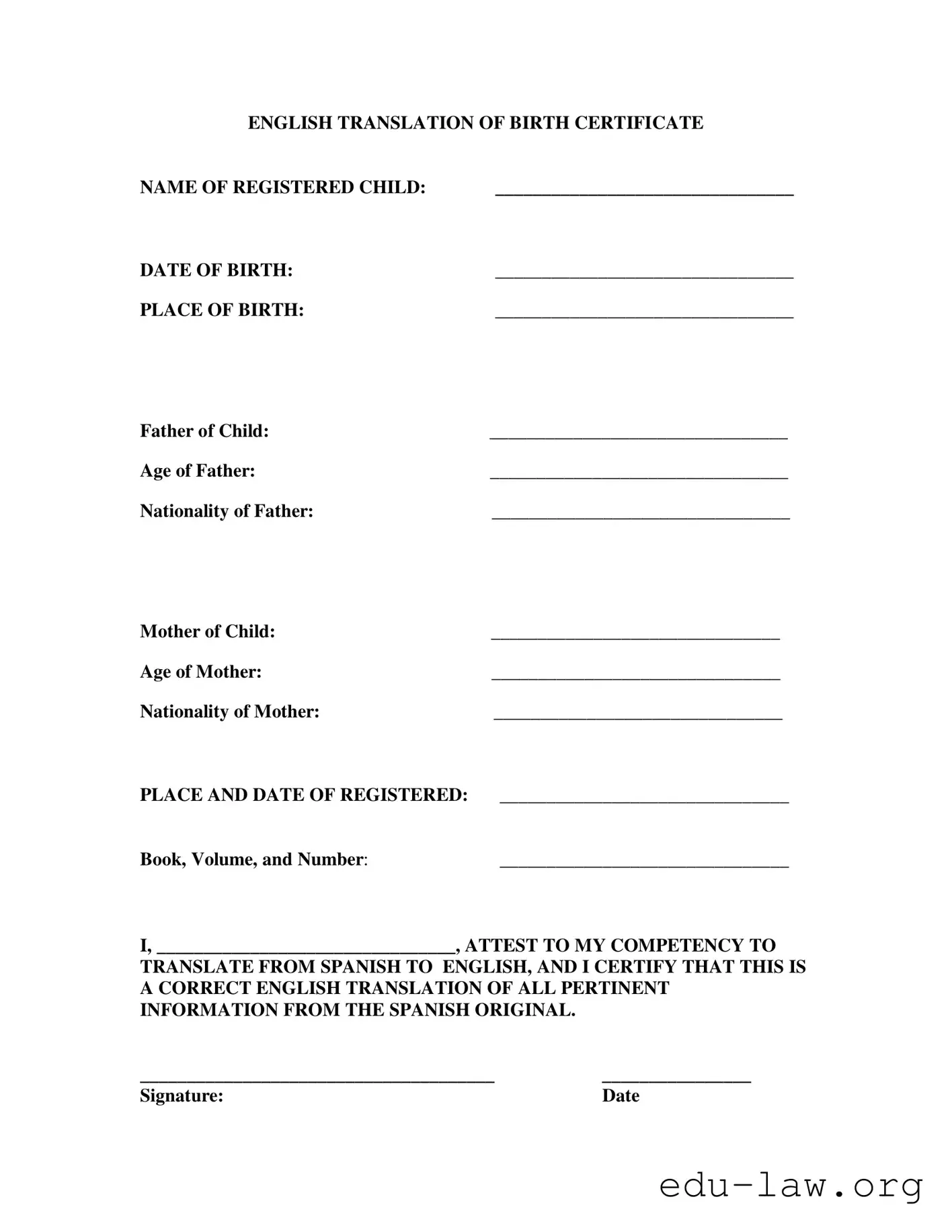 Fill in Your Birth Certificate Translation To English Template