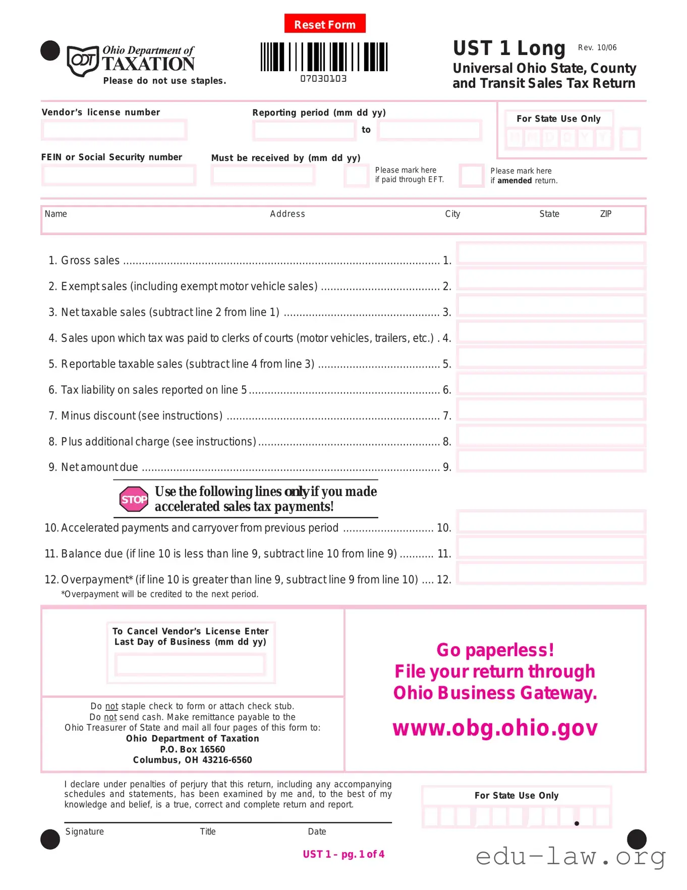 Fill in Your Ohio Sales Tax Ust 1 Template