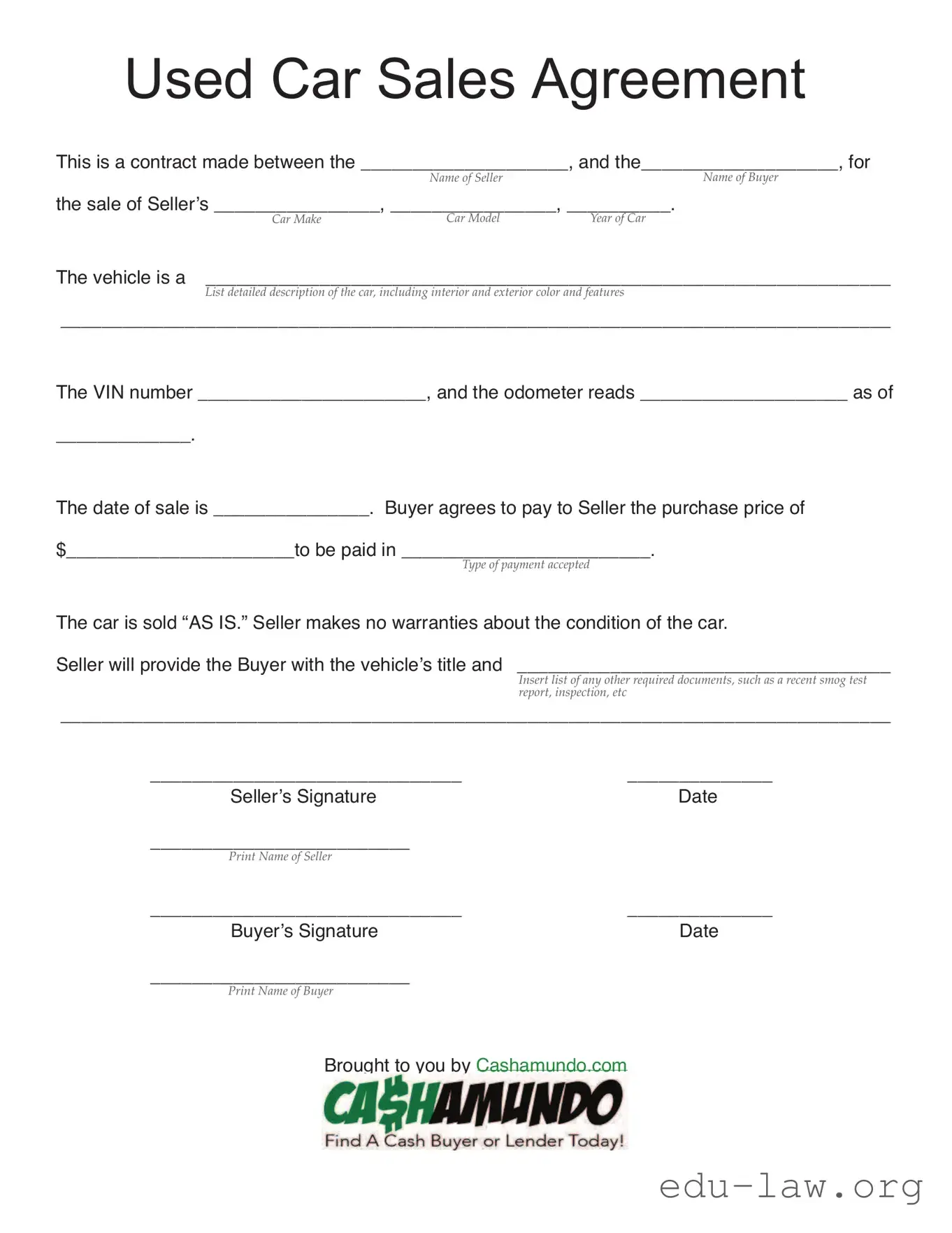 Fill in Your Used Car Agreement Template