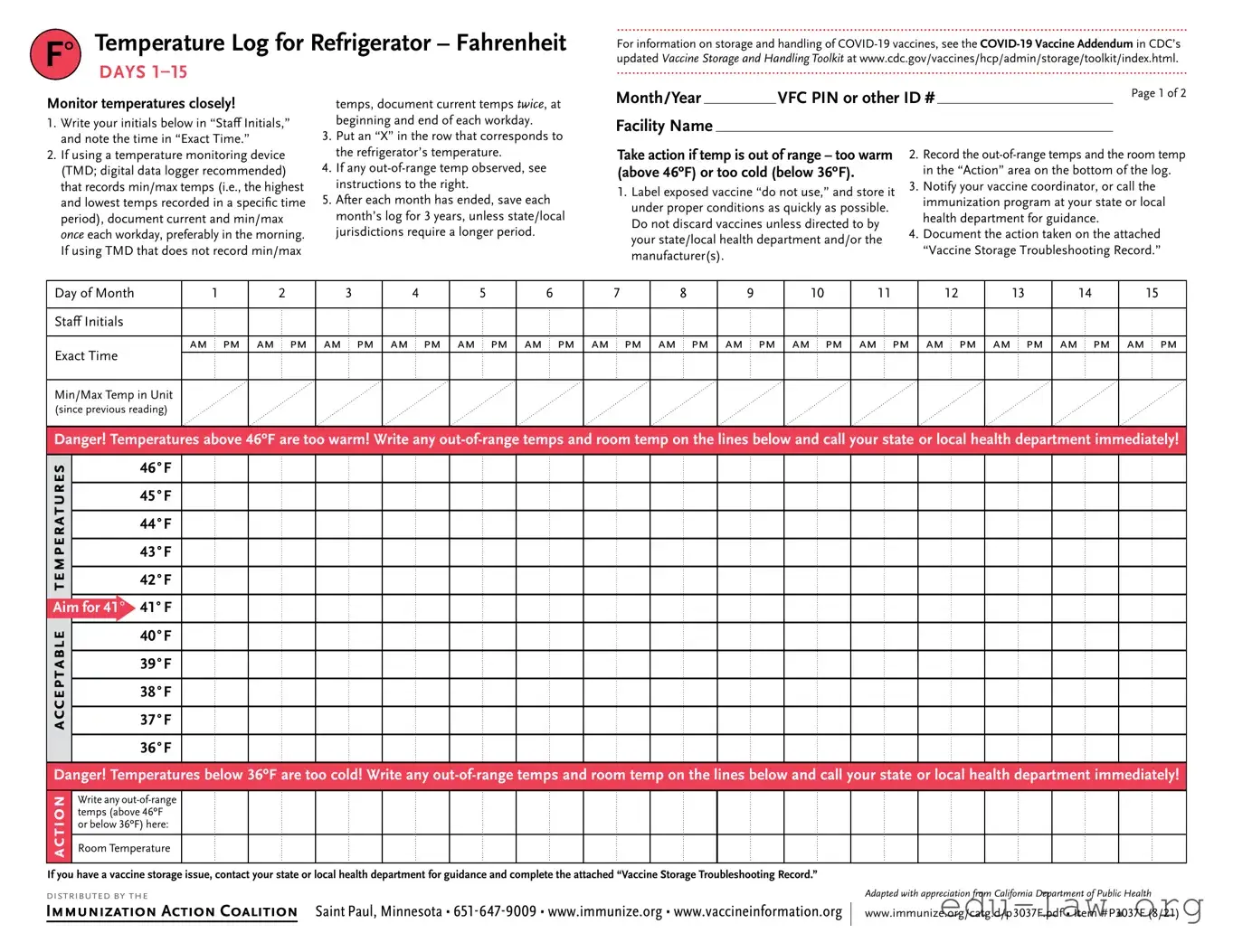 Fill in Your Refrigerator Temperature Log Template