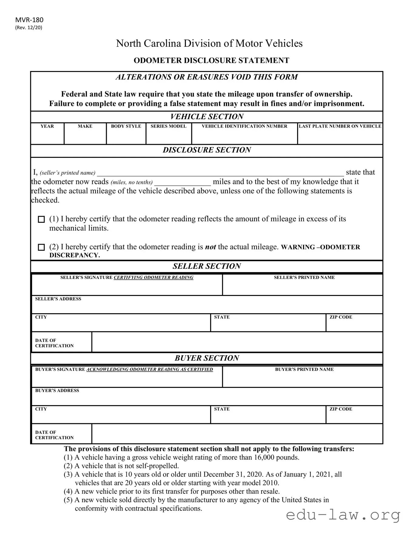 Fill in Your Odometer Statement Mvr 180 Template