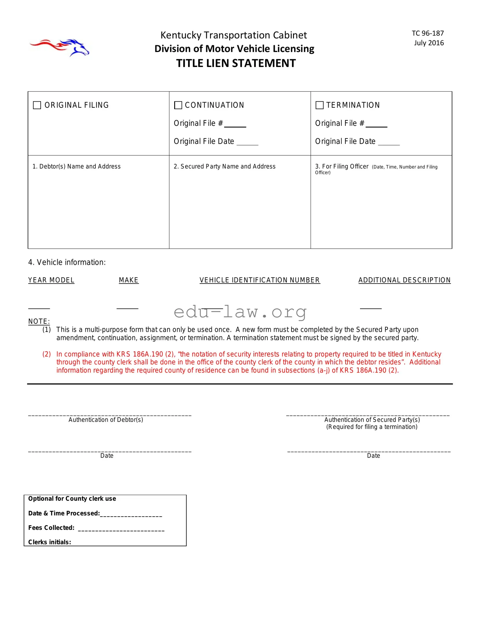 Fill in Your Kentucky Tc 96 187 Template