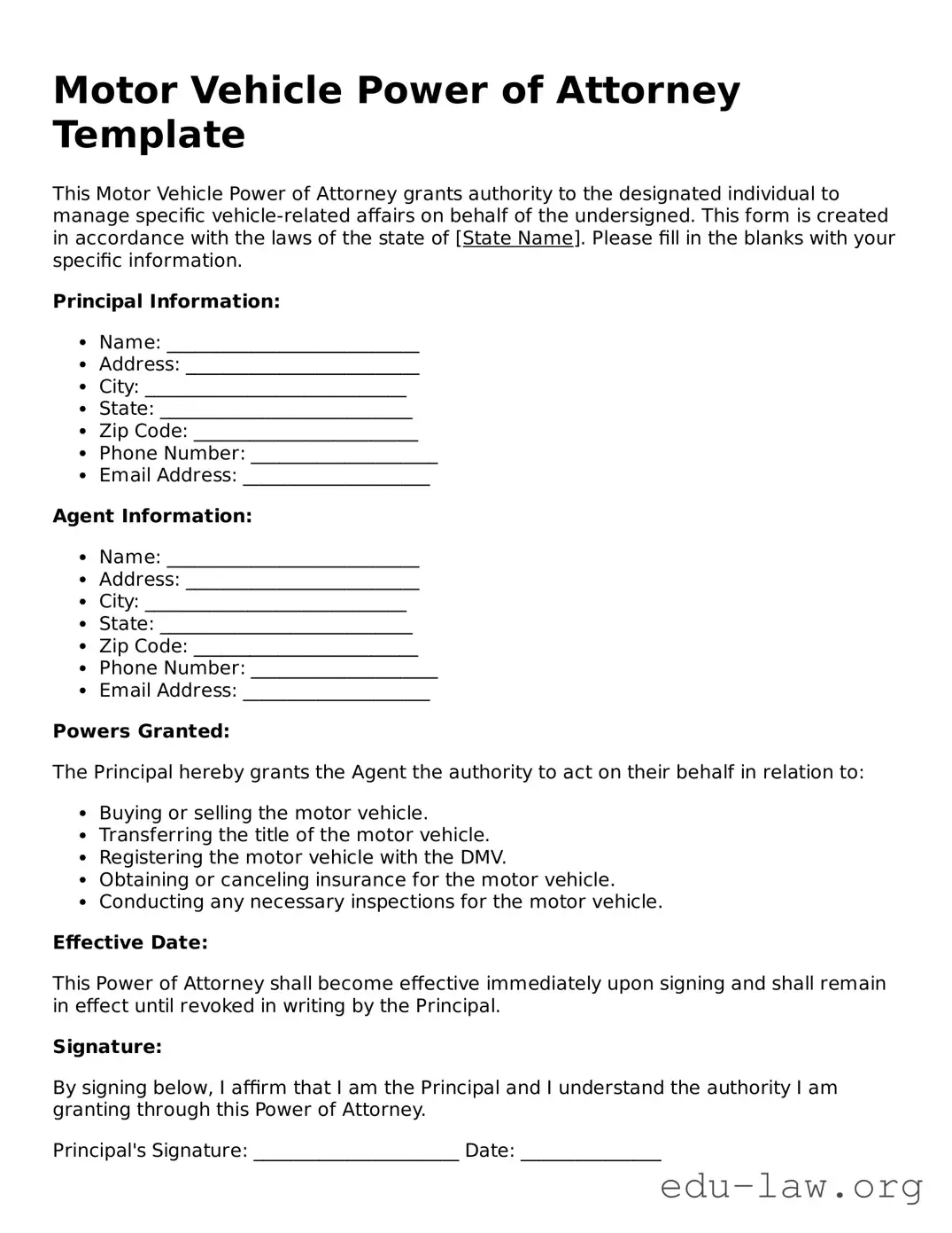 Motor Vehicle Power of Attorney Template