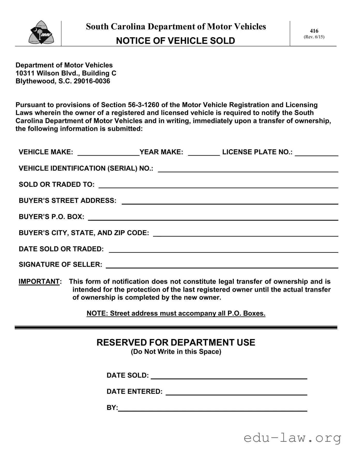 Fill in Your Sc Dmv 416 Template