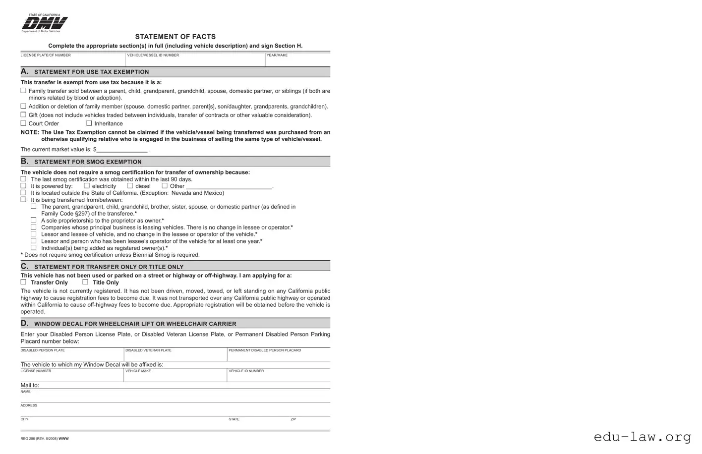 Fill in Your Dmv Reg 256 Template