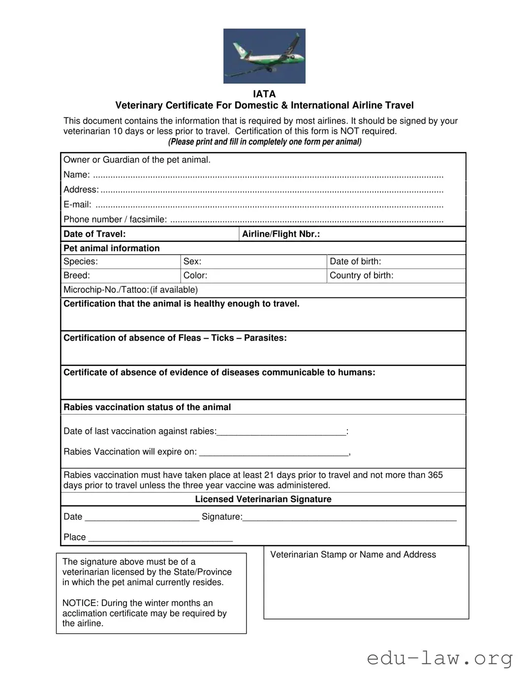 Fill in Your Veterinary Certificate Travel Template