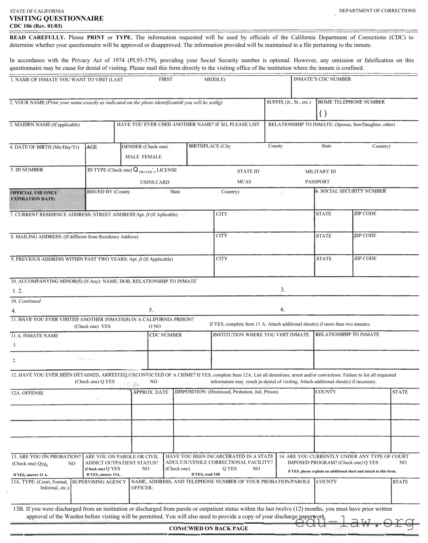 Fill in Your Visiting Questionnaire Template