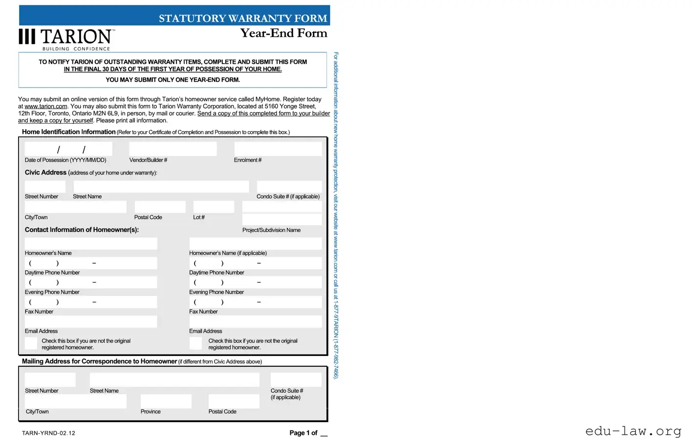 Fill in Your End Tarion Template