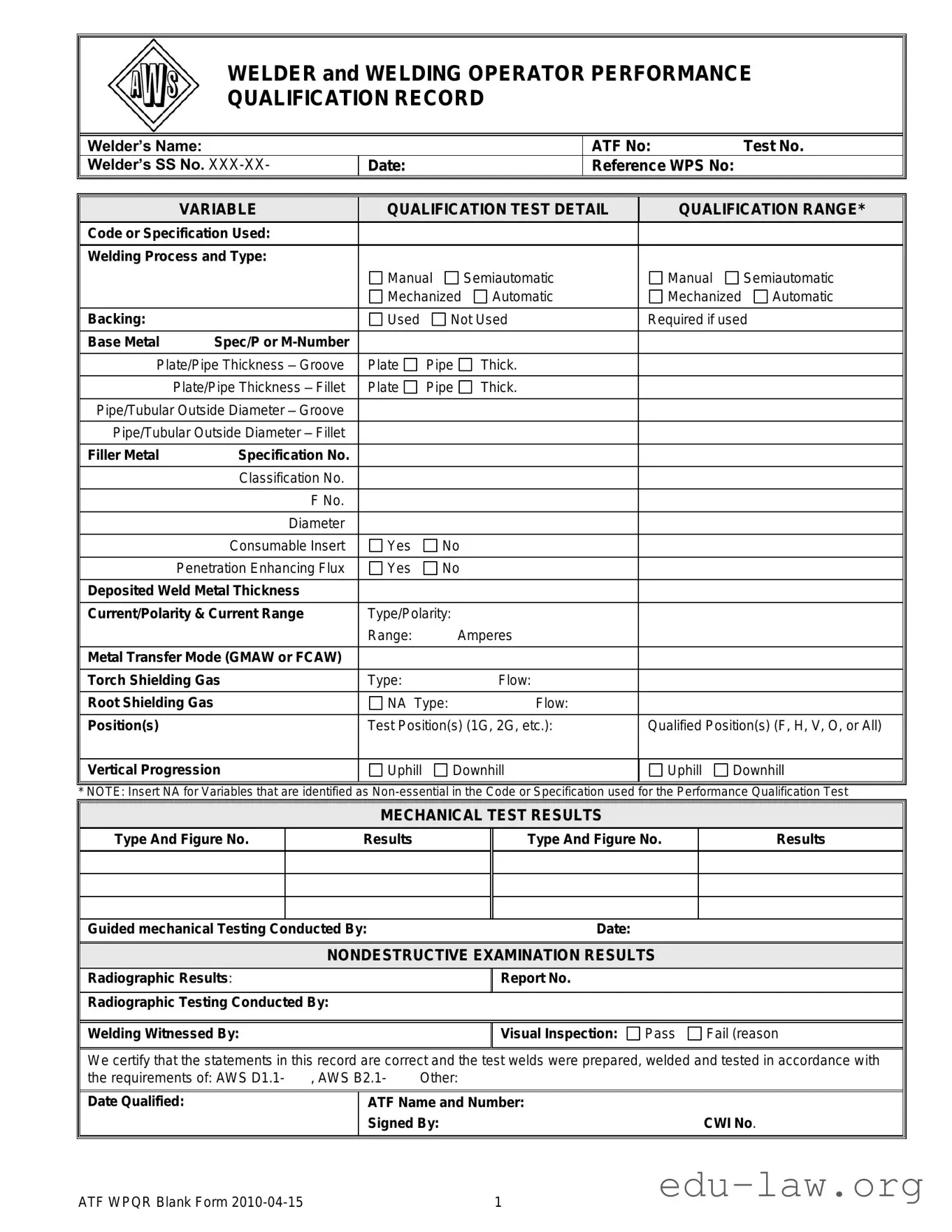 Fill in Your Welder Performance Qualification Record Template