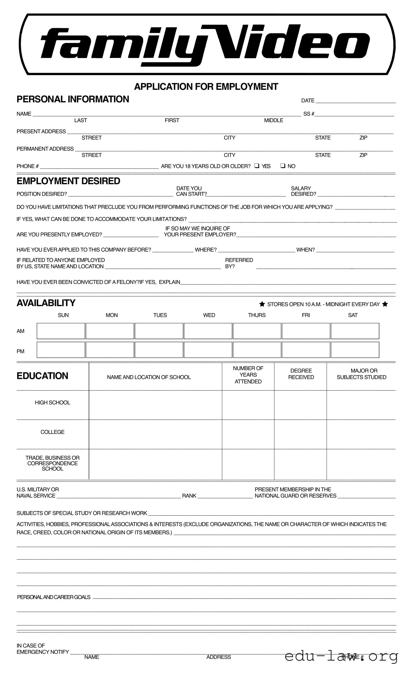 Fill in Your Family Video Application Template